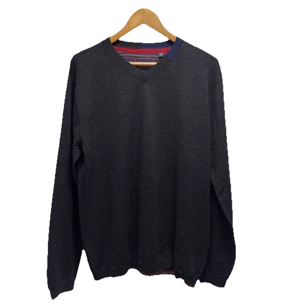 Robert Graham Men's Size XL V-Neck Dark Gray‎ Wool Knit Lightweight Sweater euc